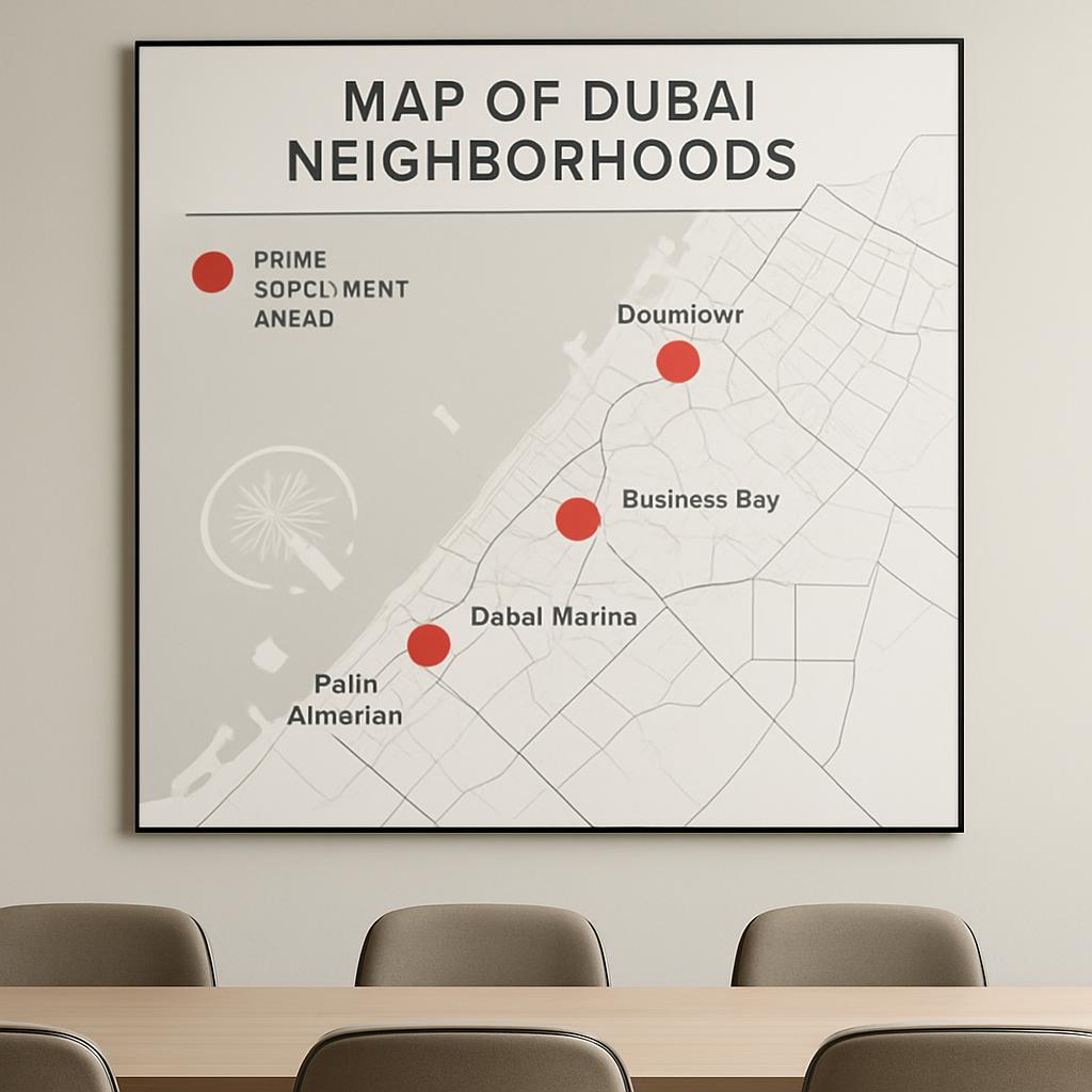 A map of Dubai neighborhoods is displayed on the wall in an office.