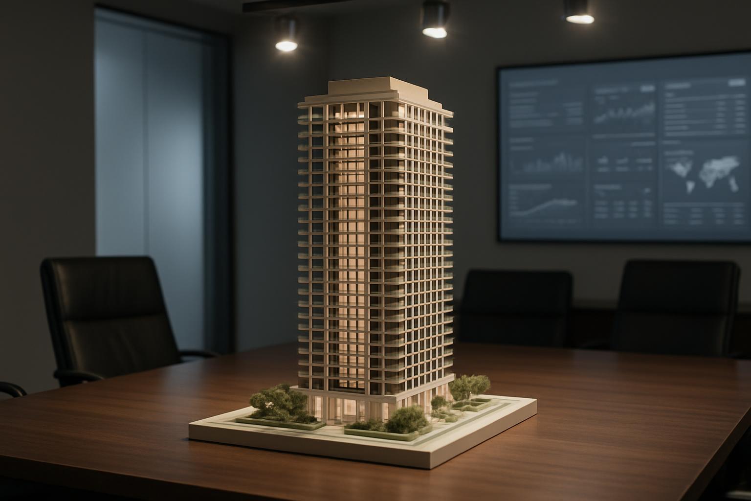 A 3D rendering of a high-rise building model on a conference room table, with a large monitor displaying charts in the bac...