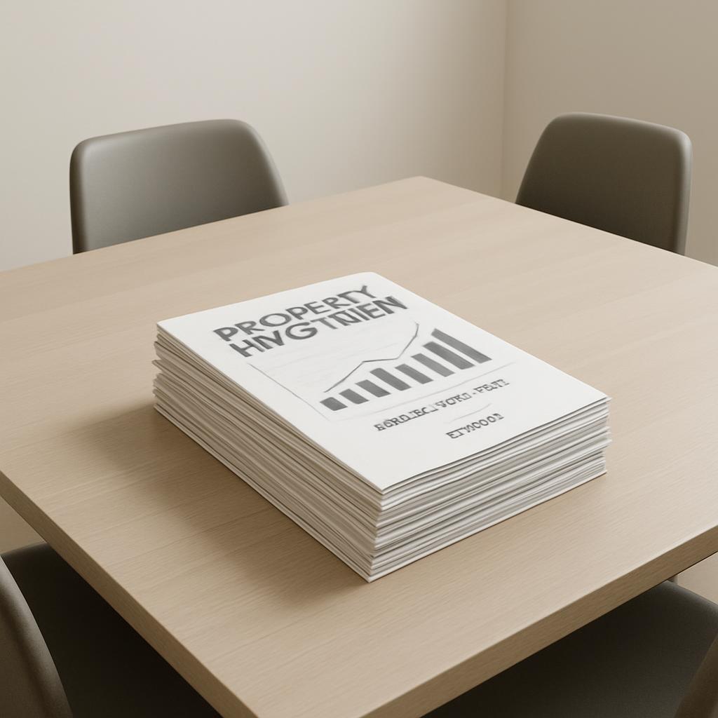 A stack of papers on a dining table, accompanied by two chairs.